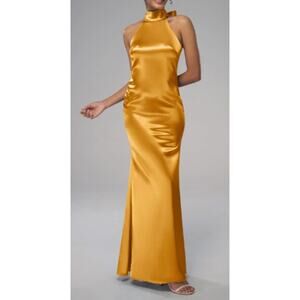 AW BRIDAL 2 XS mango yellow satin halter Elliot bridesmaid maxi dress NEW B64